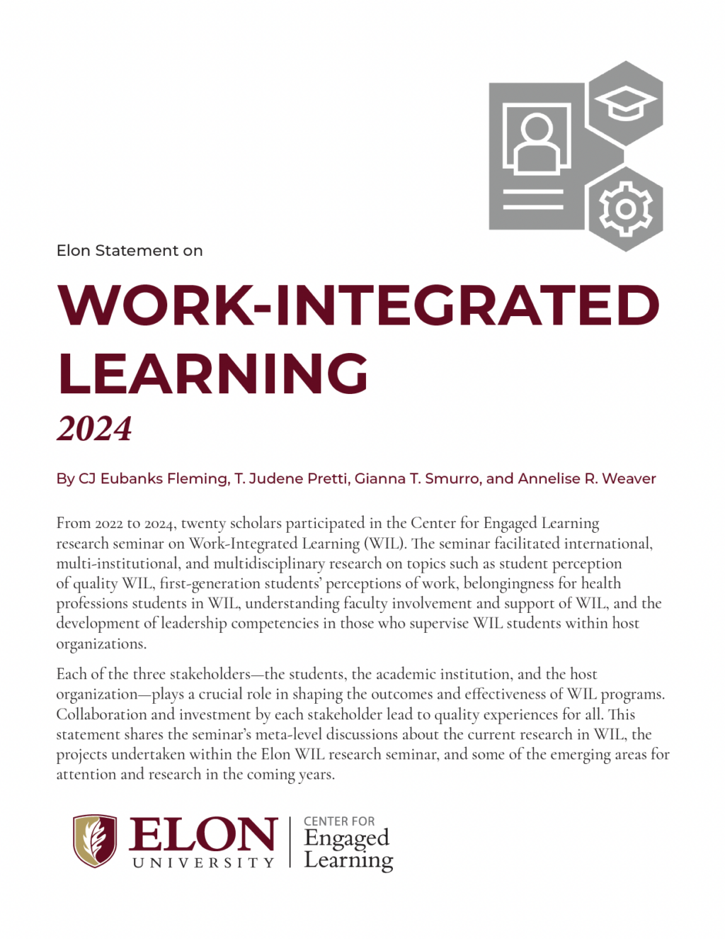 Work Integrated Learning PDF cover page with maroon text and an icon with gear, graduation cap, and resume.